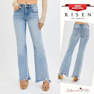 RISEN Tummy Control Mid Rise Frayed Hem Detail Medium Washed Flare Denim Jeans